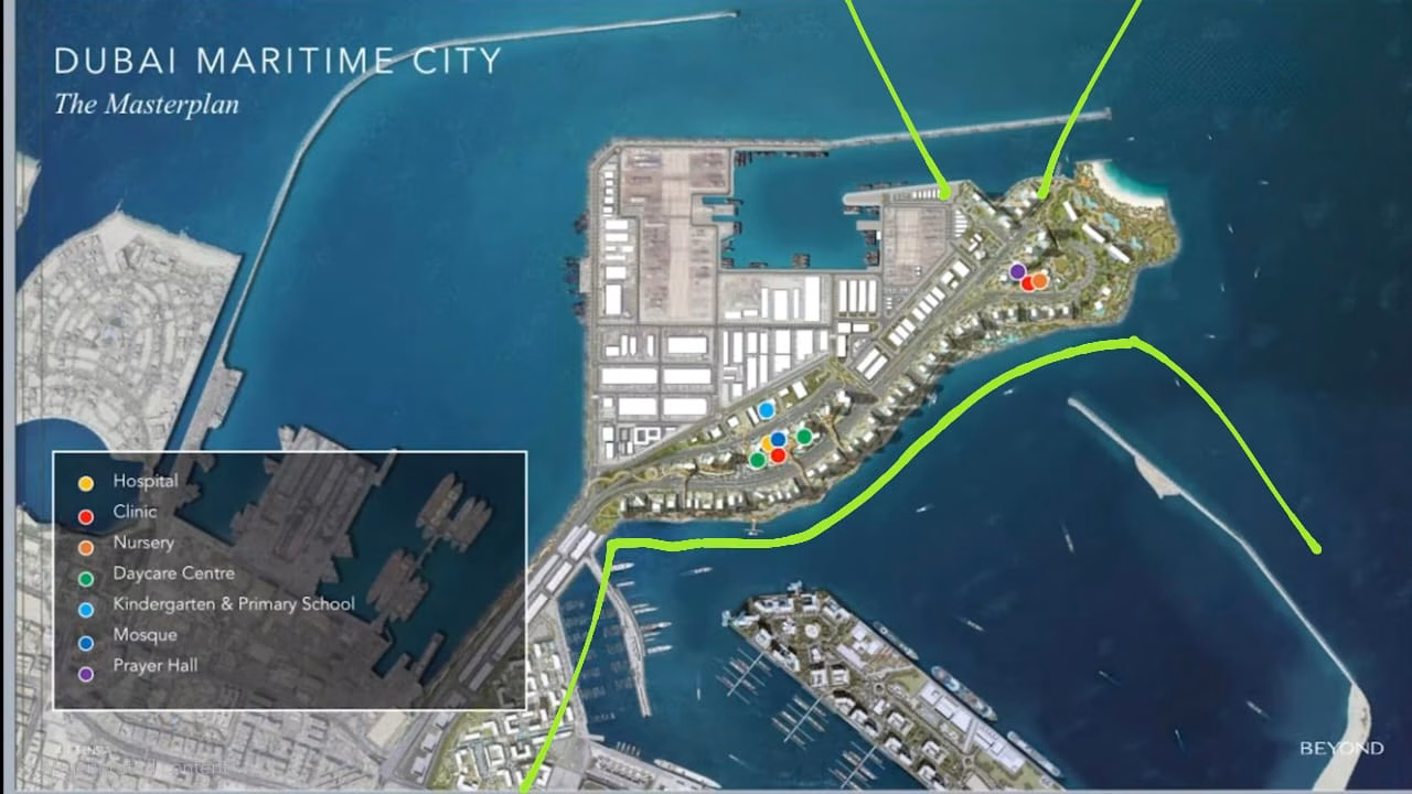 Dubai Maritime City masterplan showing schools, clinics, mosques and the marina