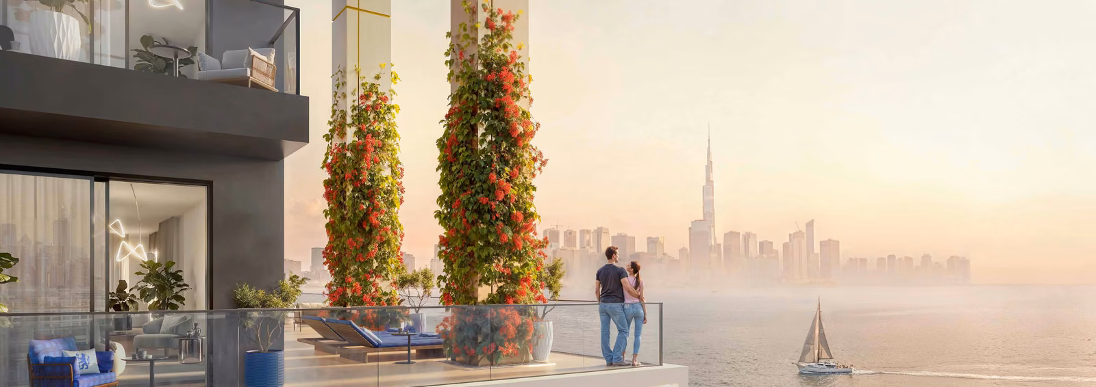 Planted private terrace at Chelsea Residences with the Burj Khalifa skyline beyond