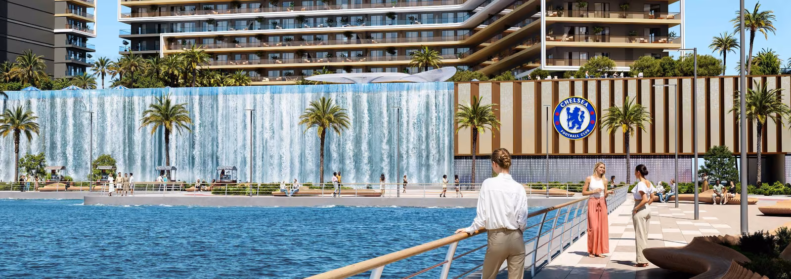 Waterfall feature carrying the Chelsea Football Club crest at Chelsea Residences